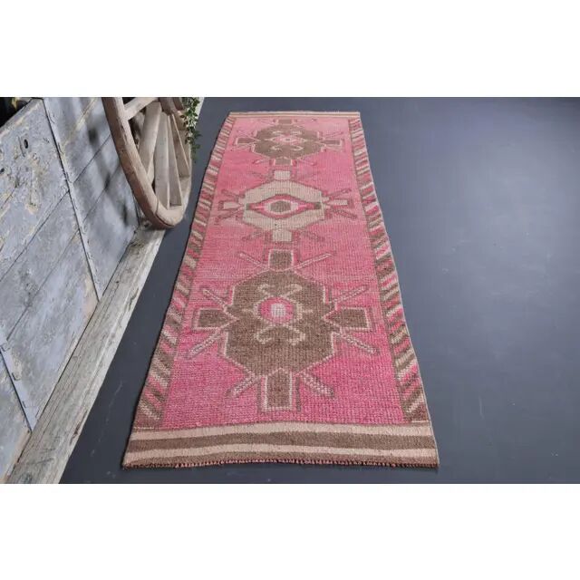 Vintage Turkish Oushak Handmade Wool Cotton Pink Runner Rug 90x303