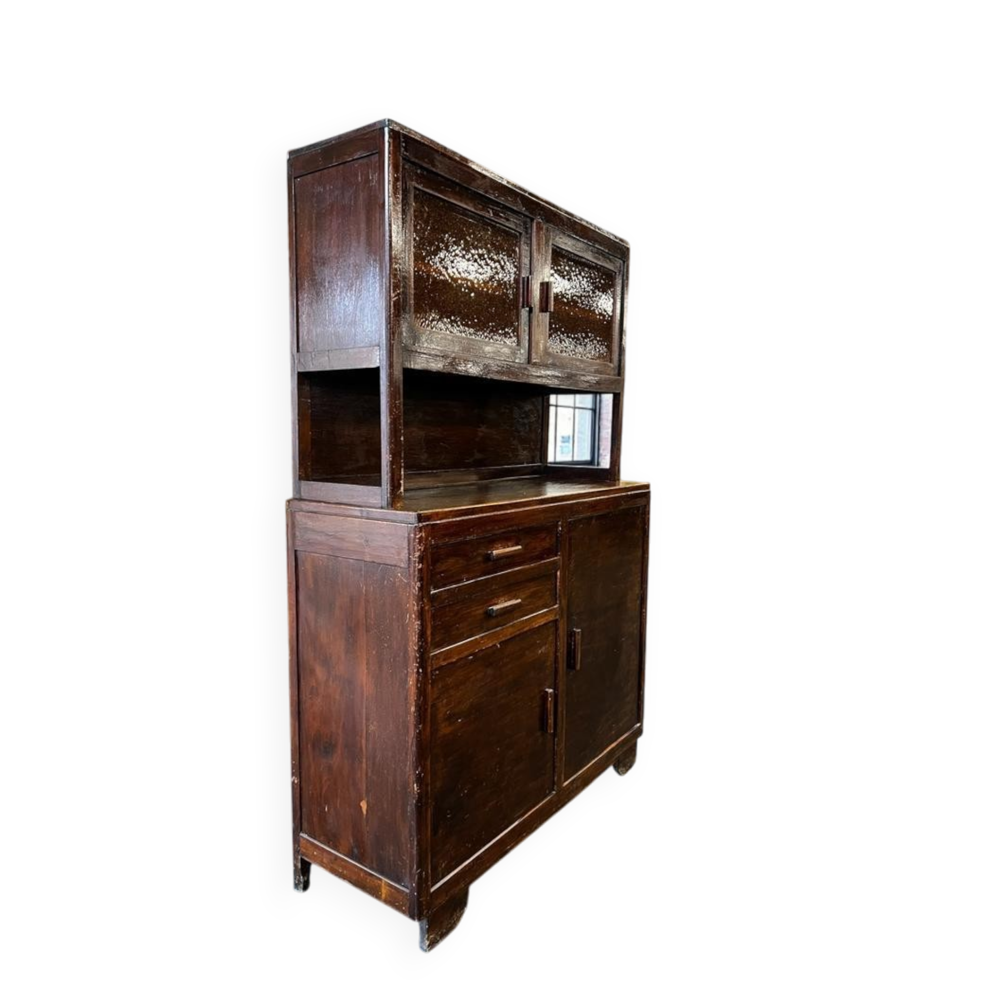 Vintage wooden display cabinet with yellow glass.