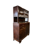 Vintage wooden display cabinet with yellow glass.