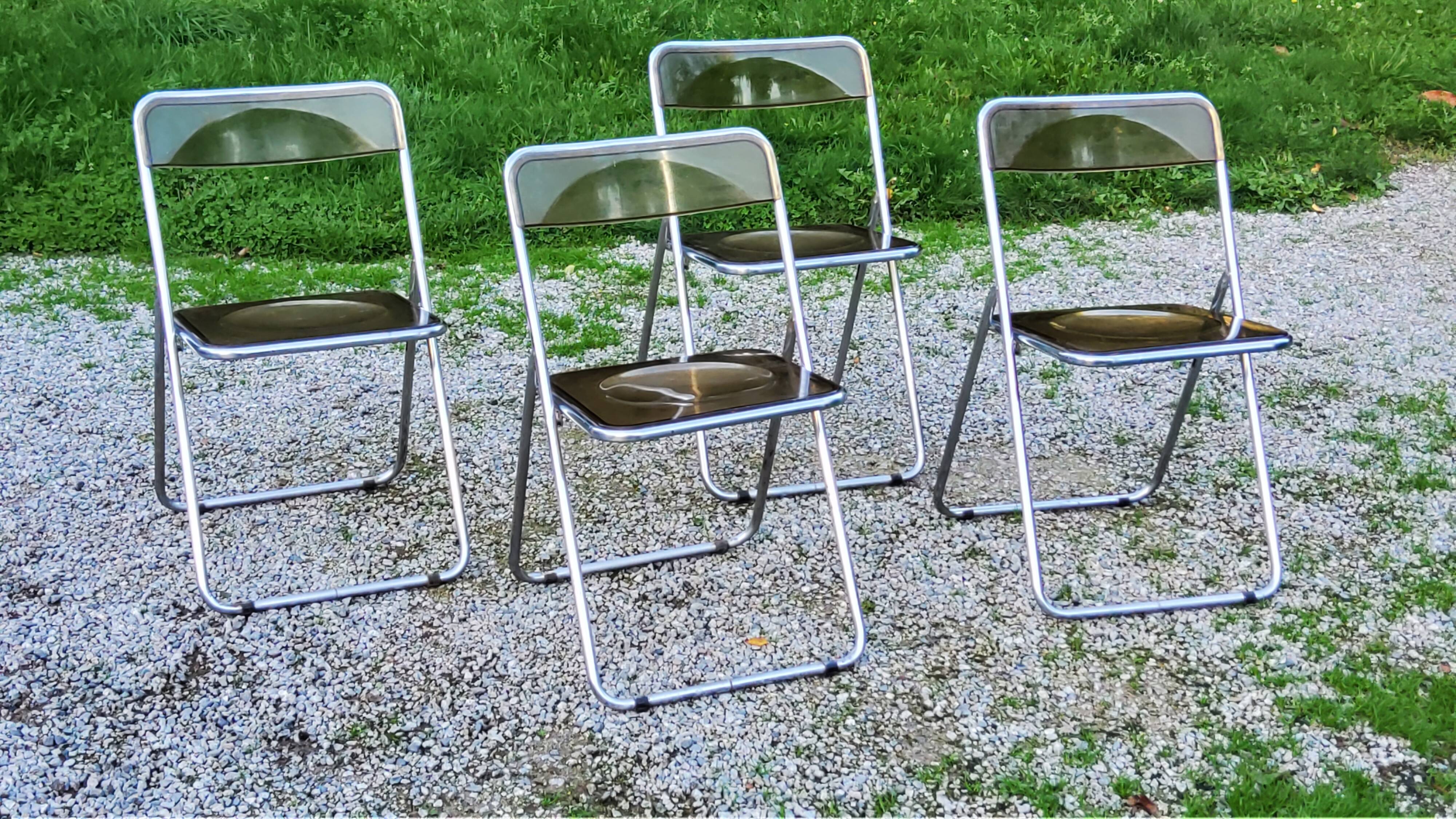 Set of 4 70s design folding chairs in smoked plexiglass and chrome metal