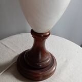 Table lamp with wooden and alabaster base, fabric lampshade