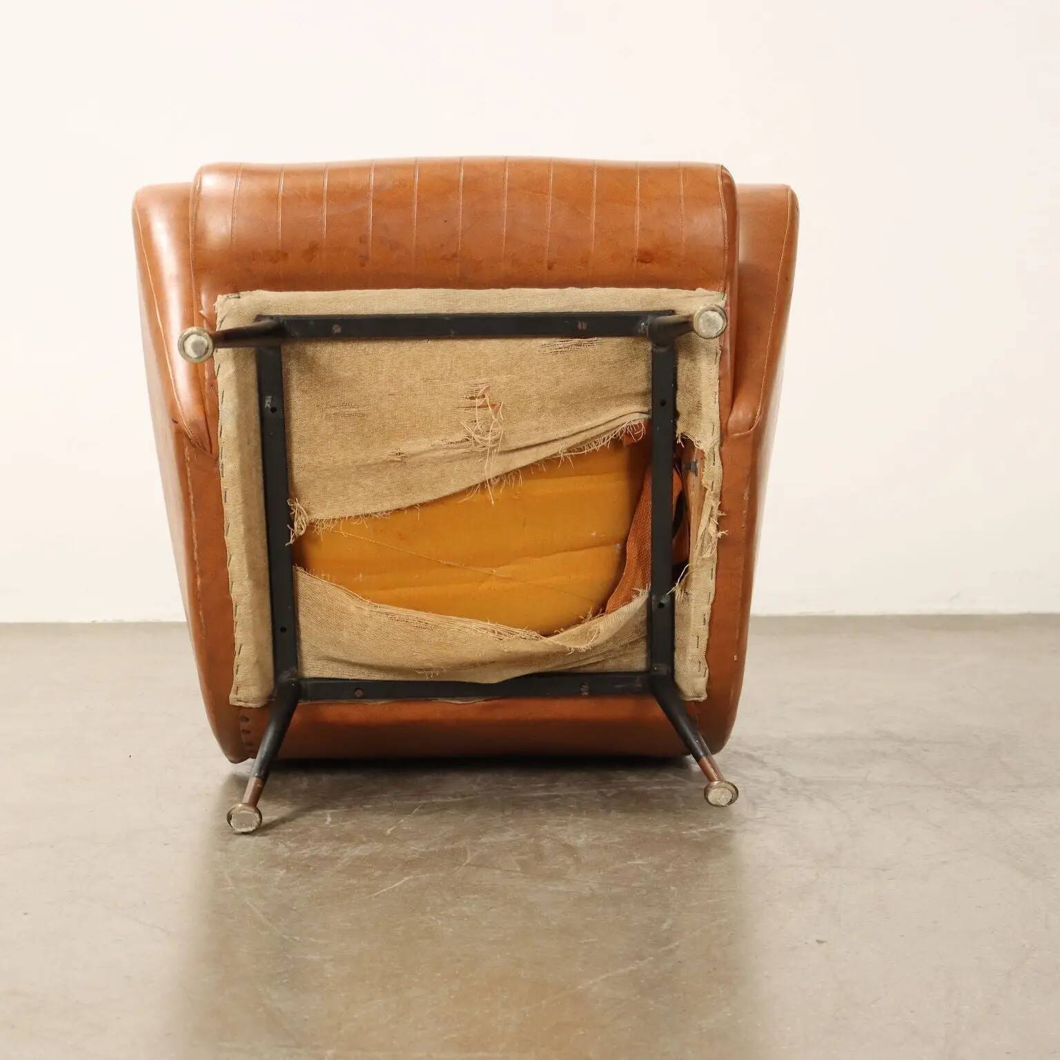 Small vintage armchair in faux leather, metal and brass, 1950s-1960s design.