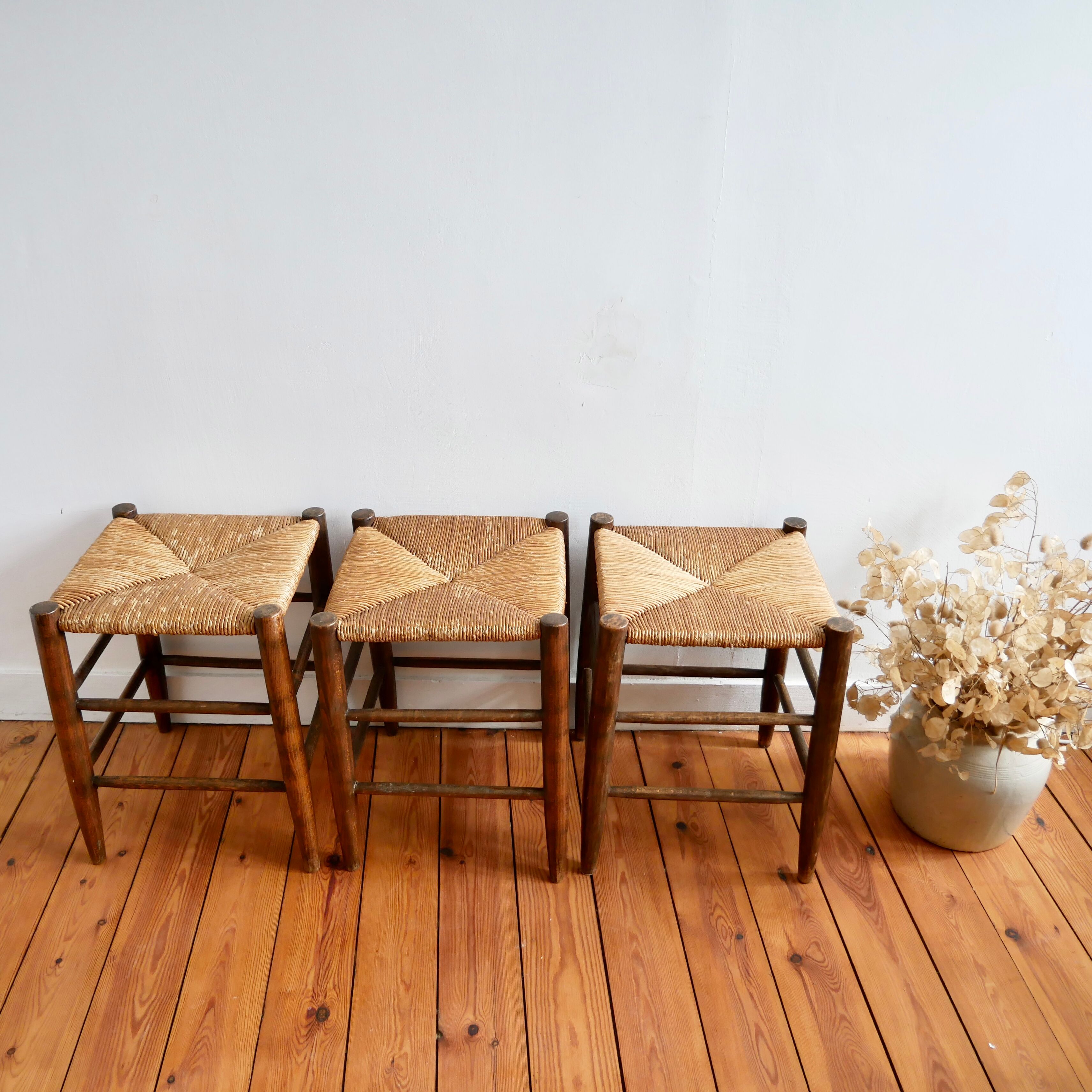 Set of 3 neo-rustic straw and wood stools