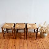 Set of 3 neo-rustic straw and wood stools