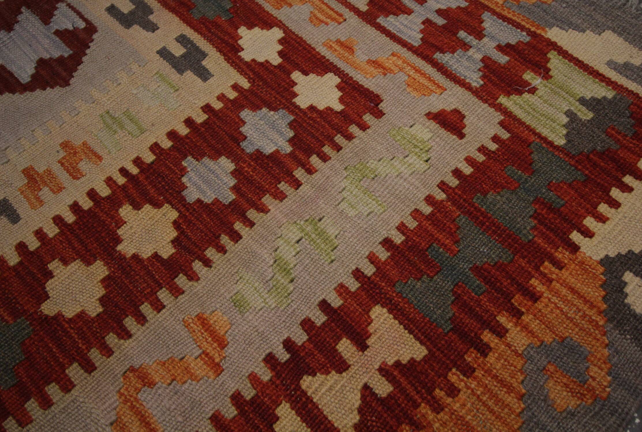 Tapis Kilim en laine fait main rouge et beige, tissage plat oriental tribal 204 x 148 cm