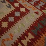 Tapis Kilim en laine fait main rouge et beige, tissage plat oriental tribal 204 x 148 cm
