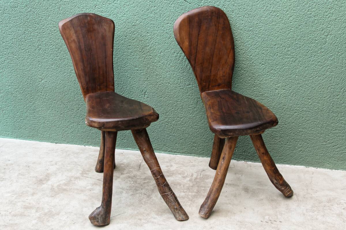 Pair of brutalist chairs in raw wood