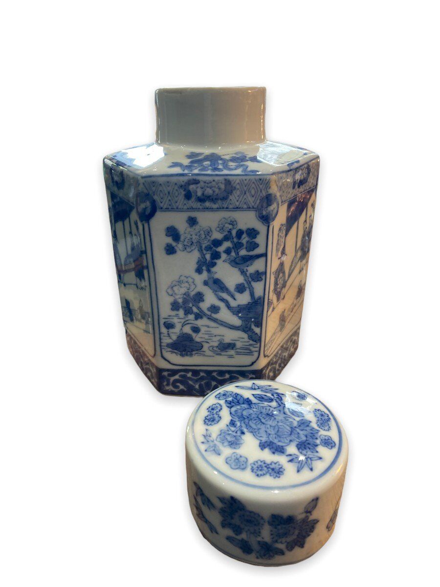 White and blue porcelain tea pot circa 1950