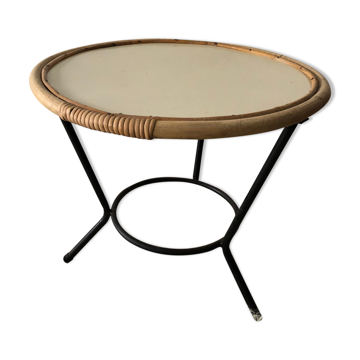 Table basse vintage, tripode en rotin