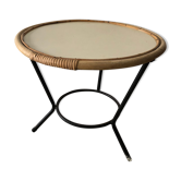 Table basse vintage, tripode en rotin