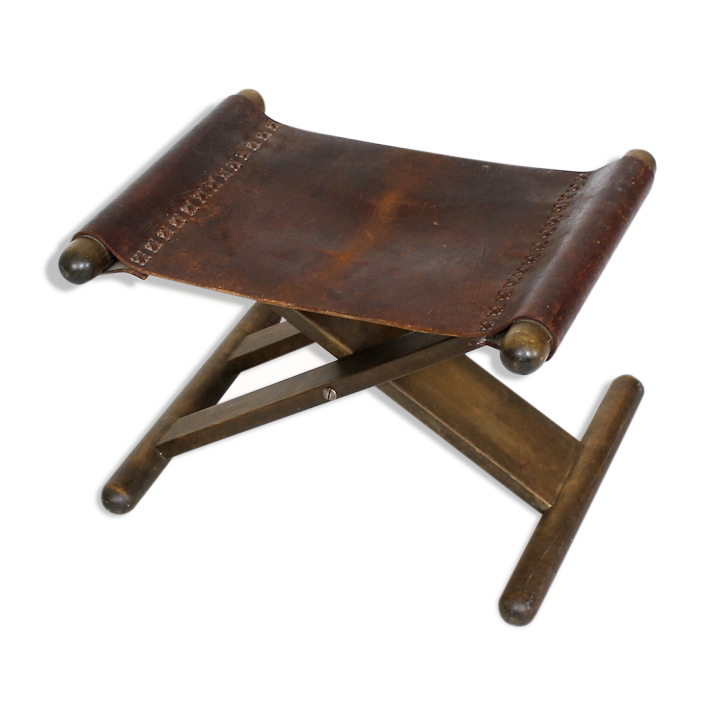 Vintage x-base oak and saddle leather folding safari stool Hungary, 1970