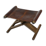 Vintage x-base oak and saddle leather folding safari stool Hungary, 1970