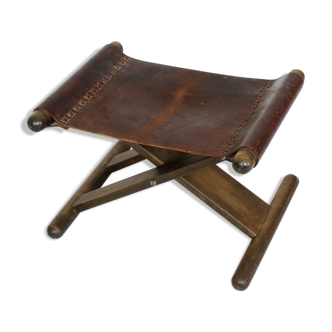 Vintage x-base oak and saddle leather folding safari stool Hungary, 1970