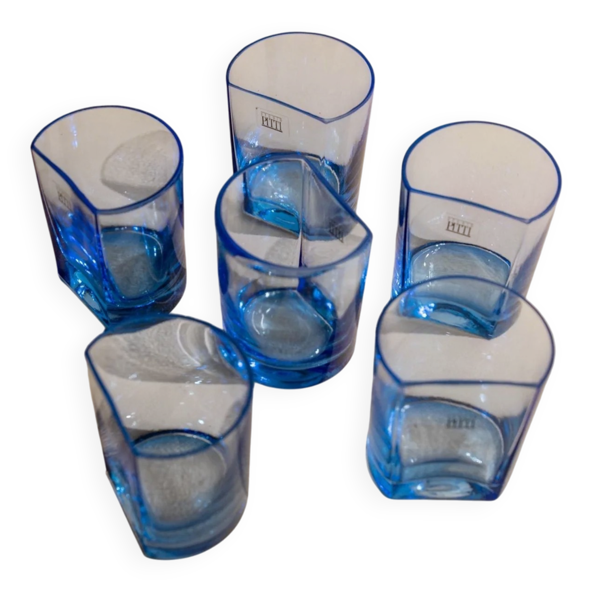Six Blue Glass Tumblers by Pitti Studio - Vintage Italian Mid-Century Arched Glassware