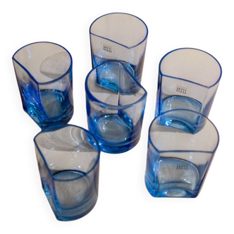 Six Blue Glass Tumblers by Pitti Studio - Vintage Italian Mid-Century Arched Glassware