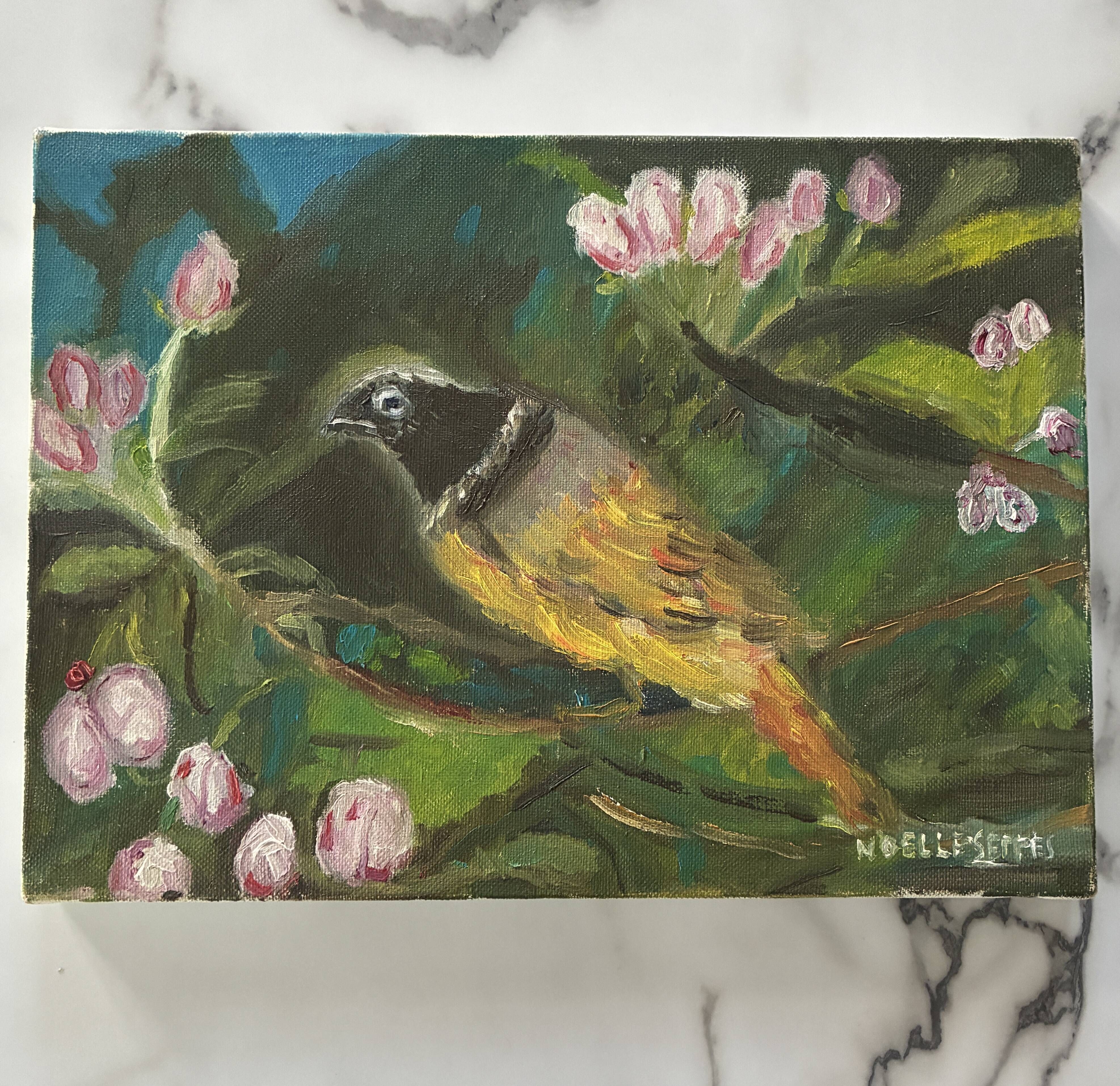 Oil painting still life of a goldfinch.