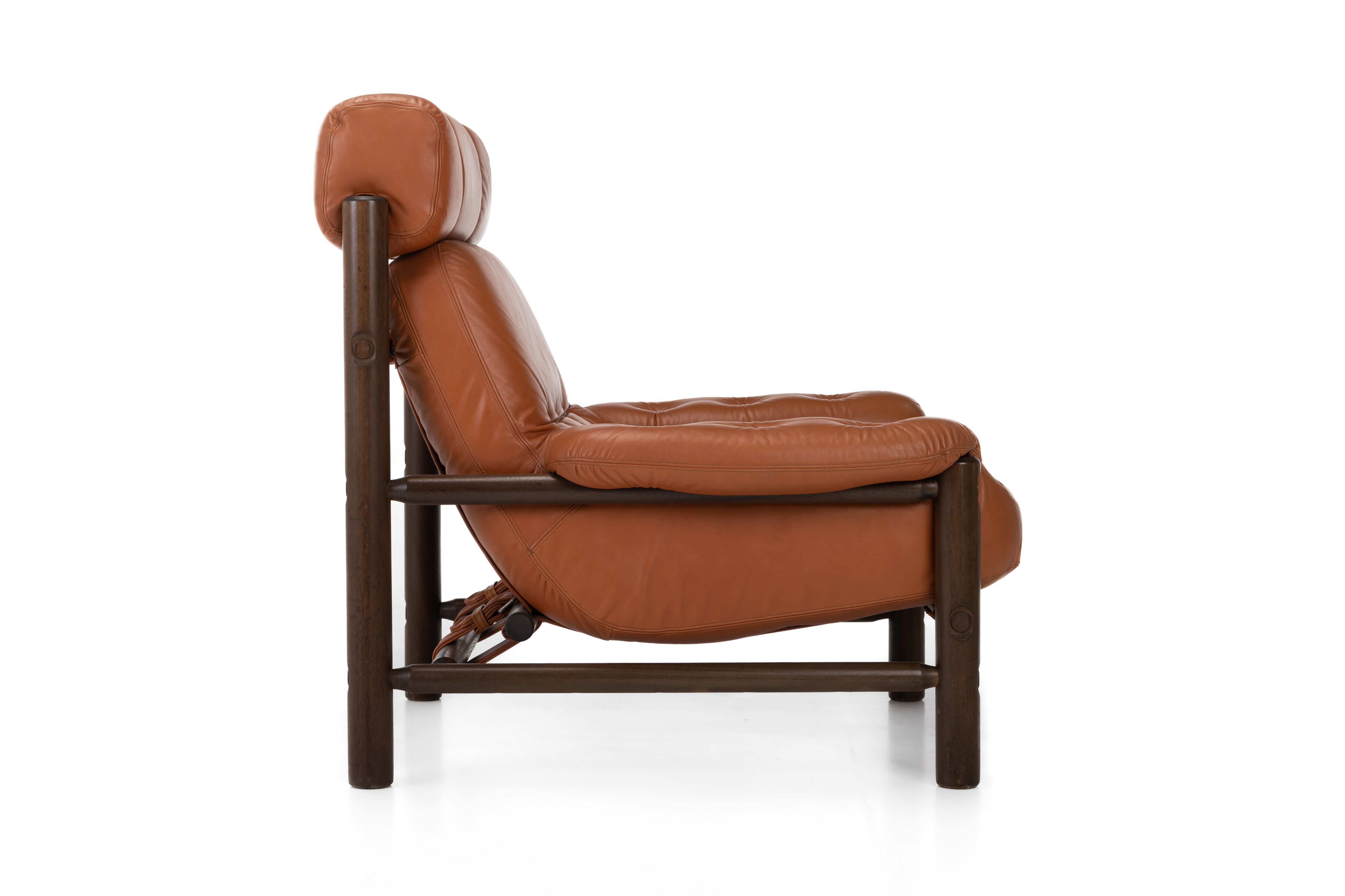 Brutalist Lounge Chair and Ottoman in Cognac Leather , 1970s