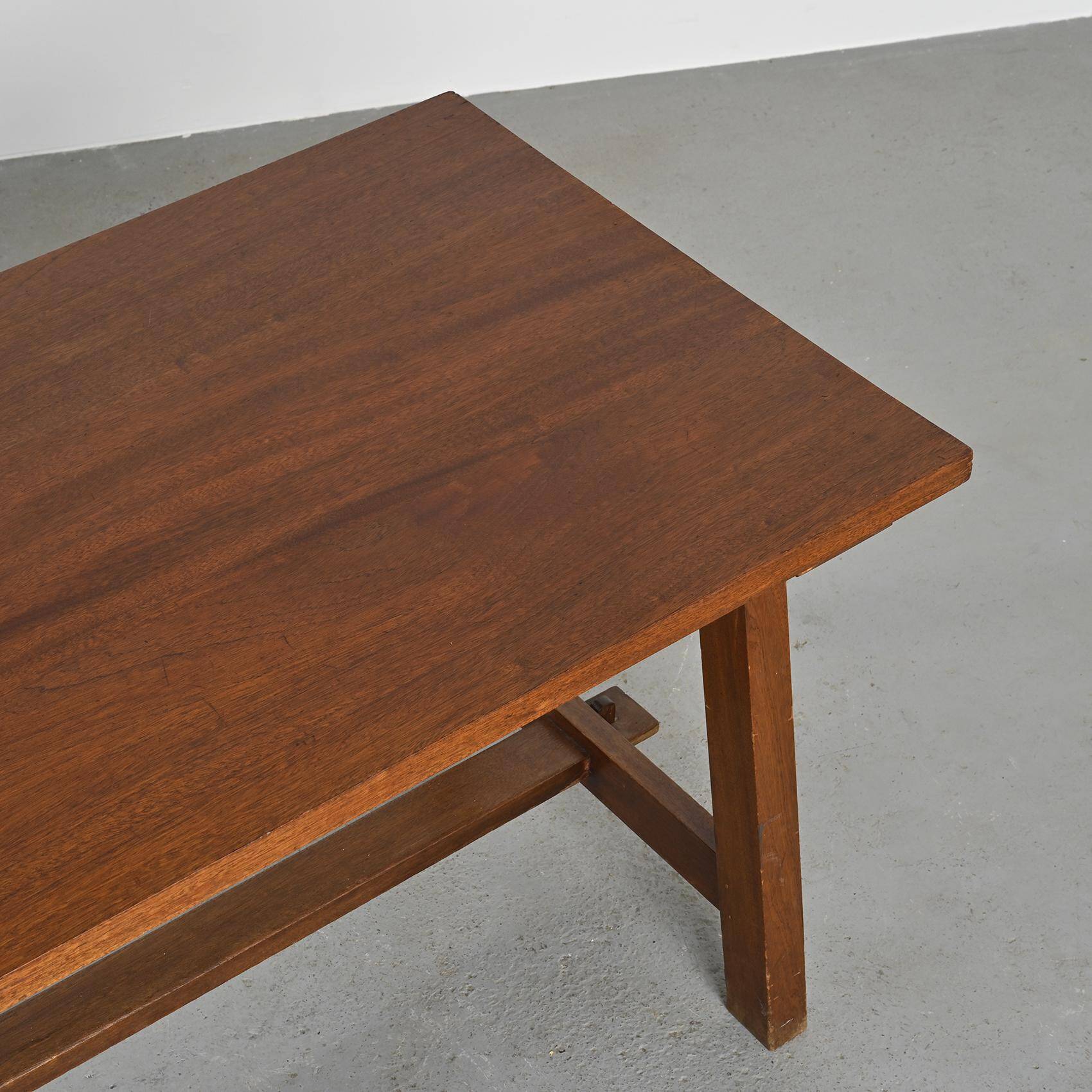 Mahogany dining table and benches, mountain work, France circa 1960