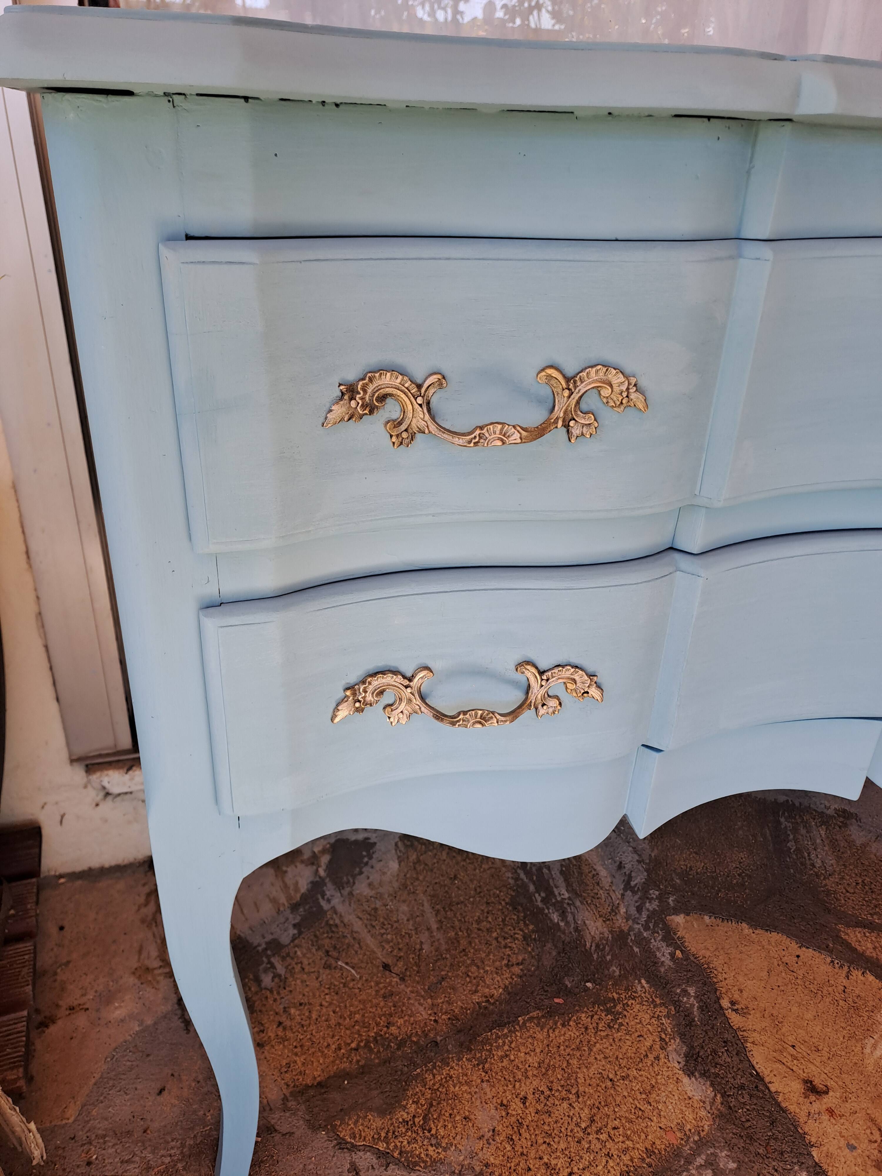 Louis XV style solid wood chest of drawers repainted in lagoon blue with 2 drawers