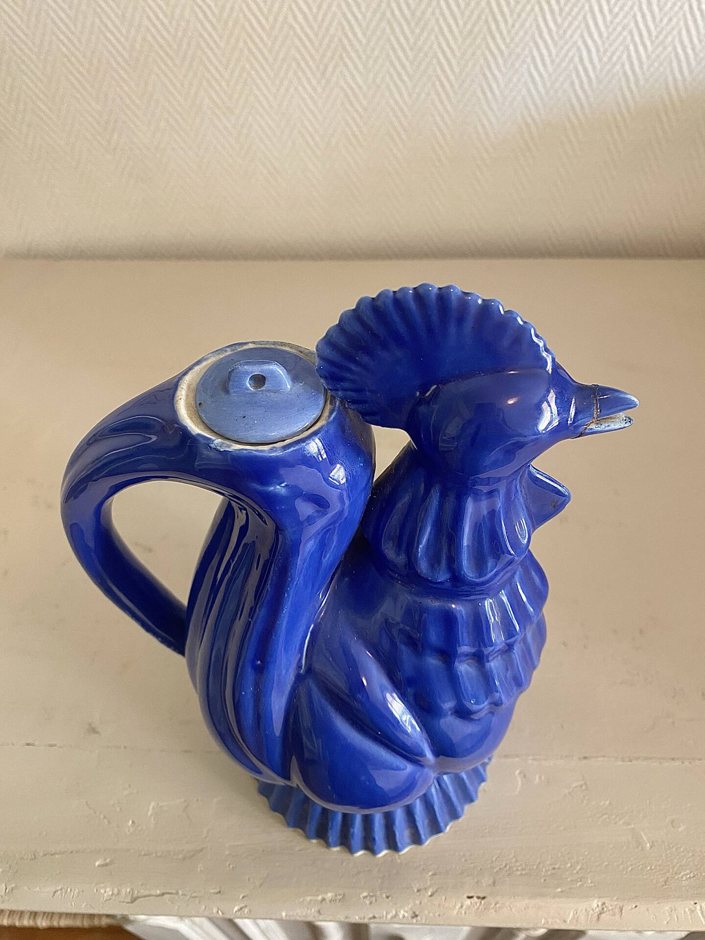 Ancienne verseuse coq bleu cobalt