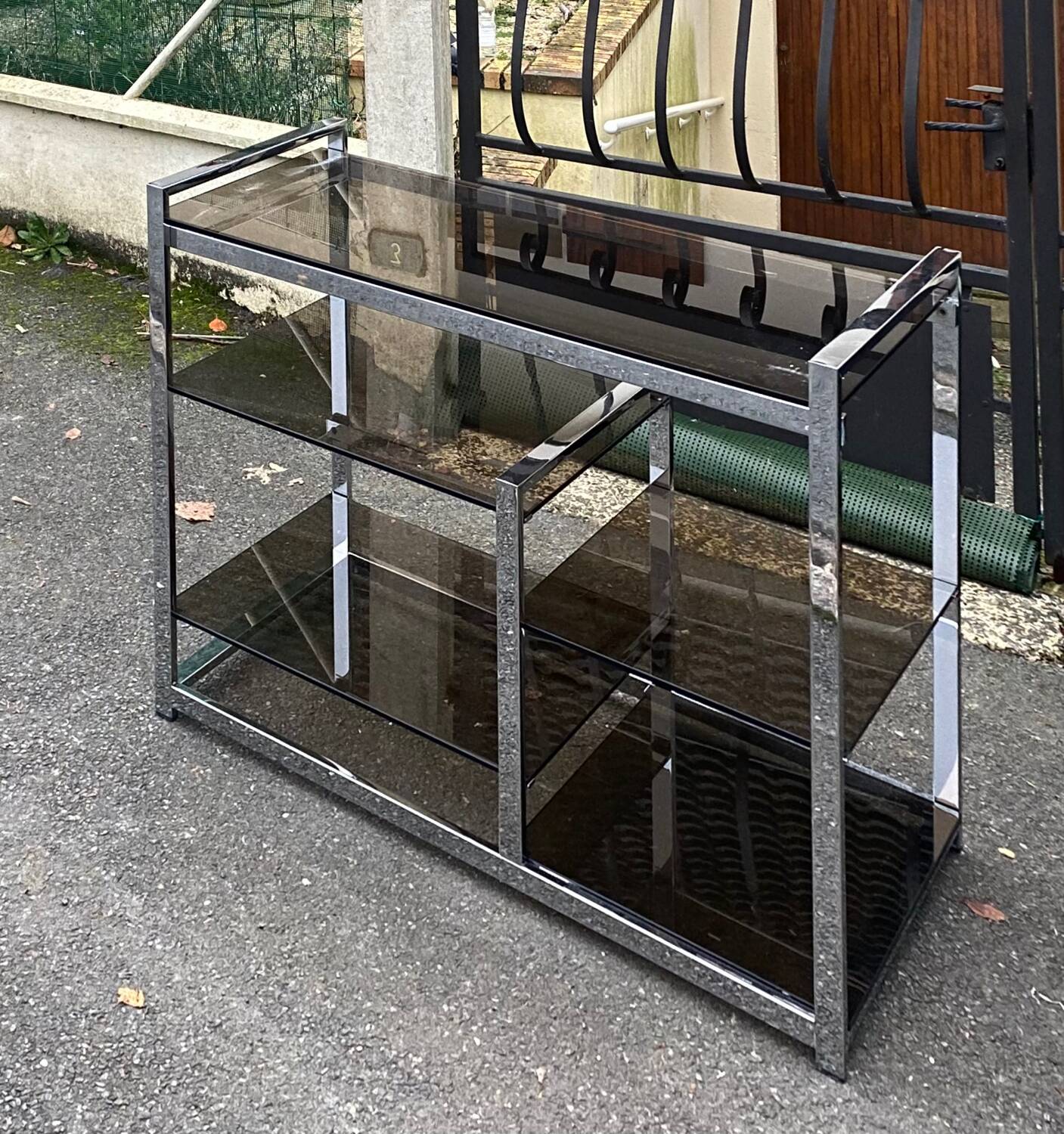 Vintage 70s chrome and smoked glass console
