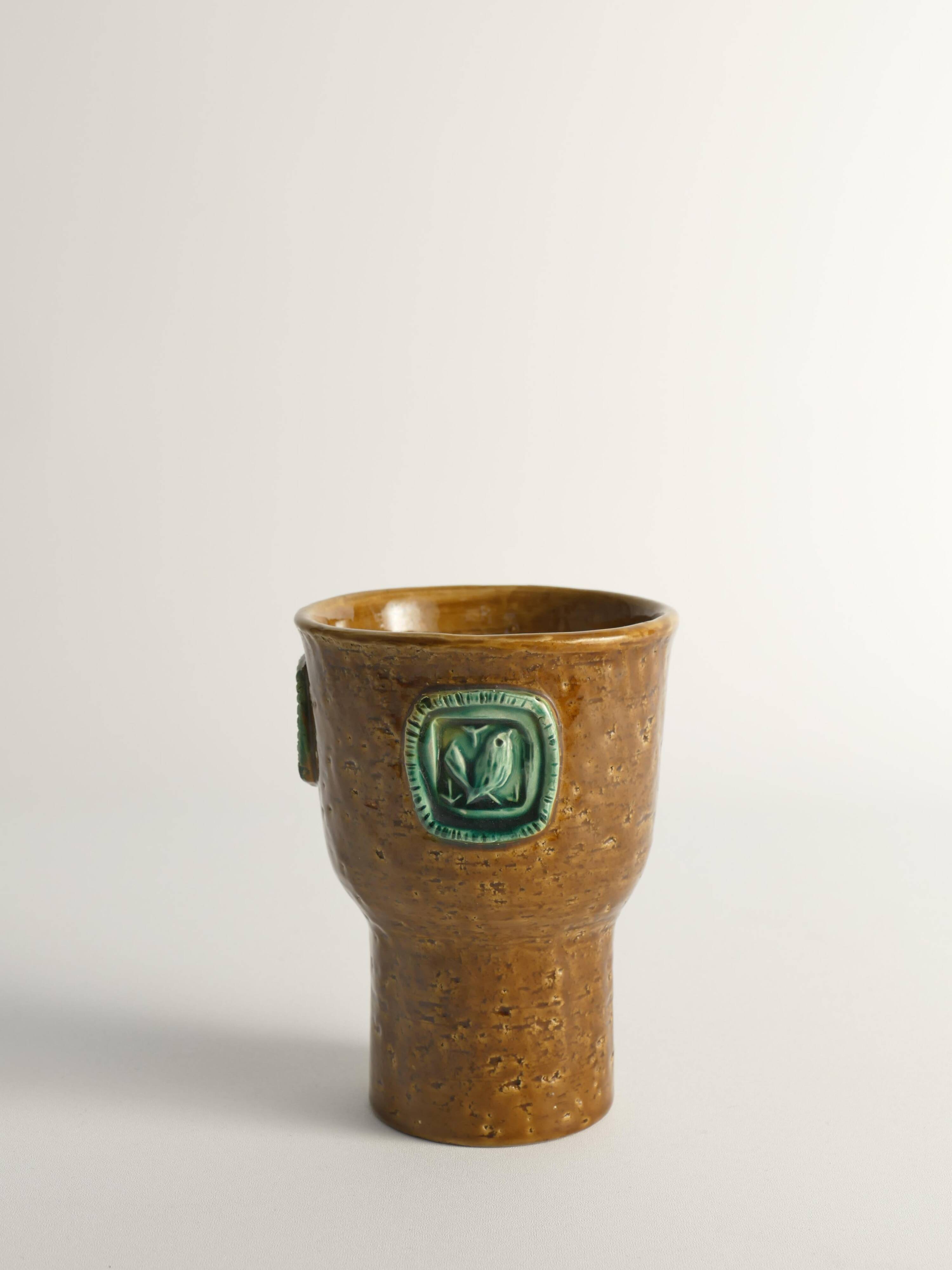 Vase en grès brun moutarde avec des oiseaux vert céladon par Aldo Londi pour Bitossi