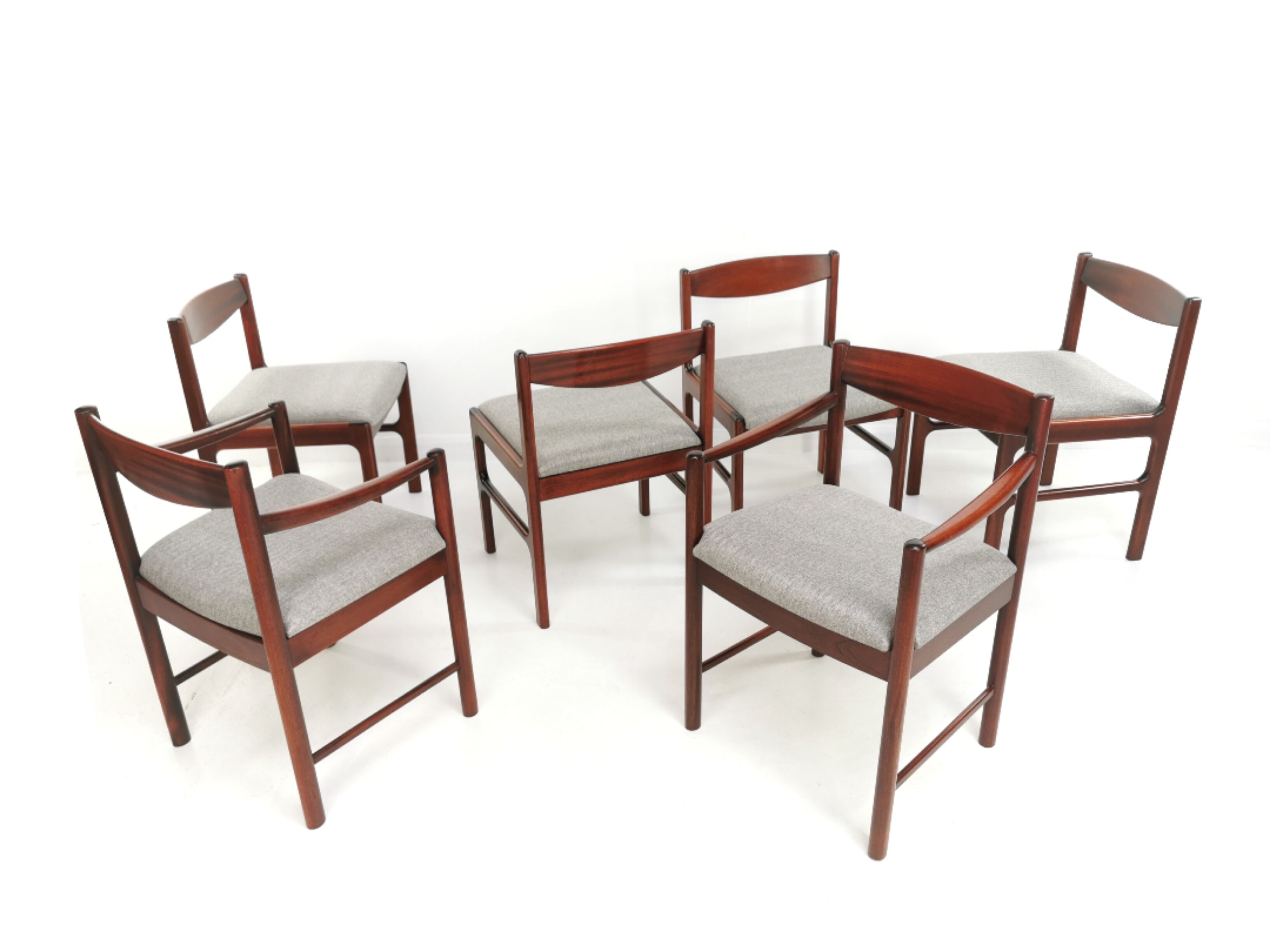 Set of 6 newly upholstered Mcintosh grey herringbone rosewood dining chairs