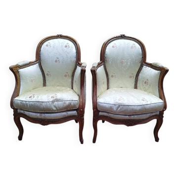 Pair of armchairs - Louis XV style bergères in silk.