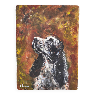Vintage French oil painting of an English cocker spaniel, signed by Y. Isidore