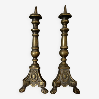 Small pair of 19th century bronze church candlesticks for dolls