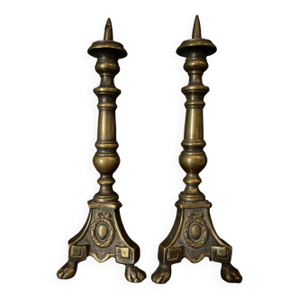 Small pair of 19th century bronze church candlesticks for dolls