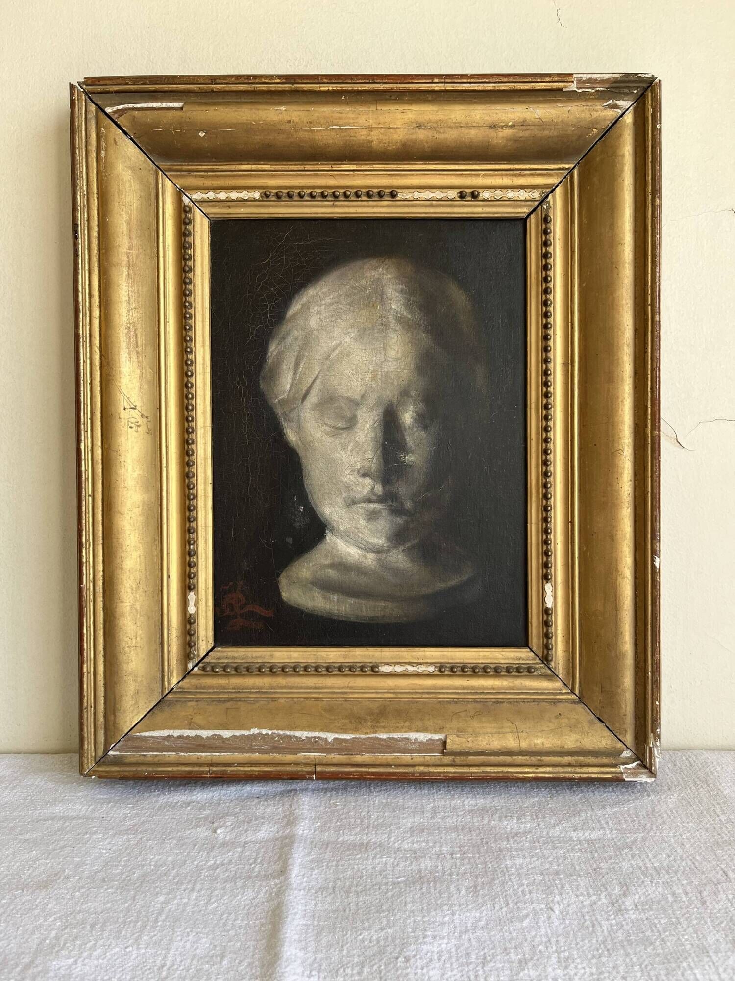 Study of a young girl in plaster, oil on canvas, 19th century, gilded frame.