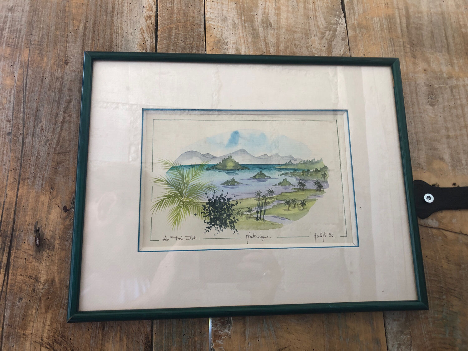 Watercolor painting nadine martinique the three islets + wood frame #a223