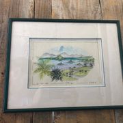 Watercolor painting nadine martinique the three islets + wood frame #a223