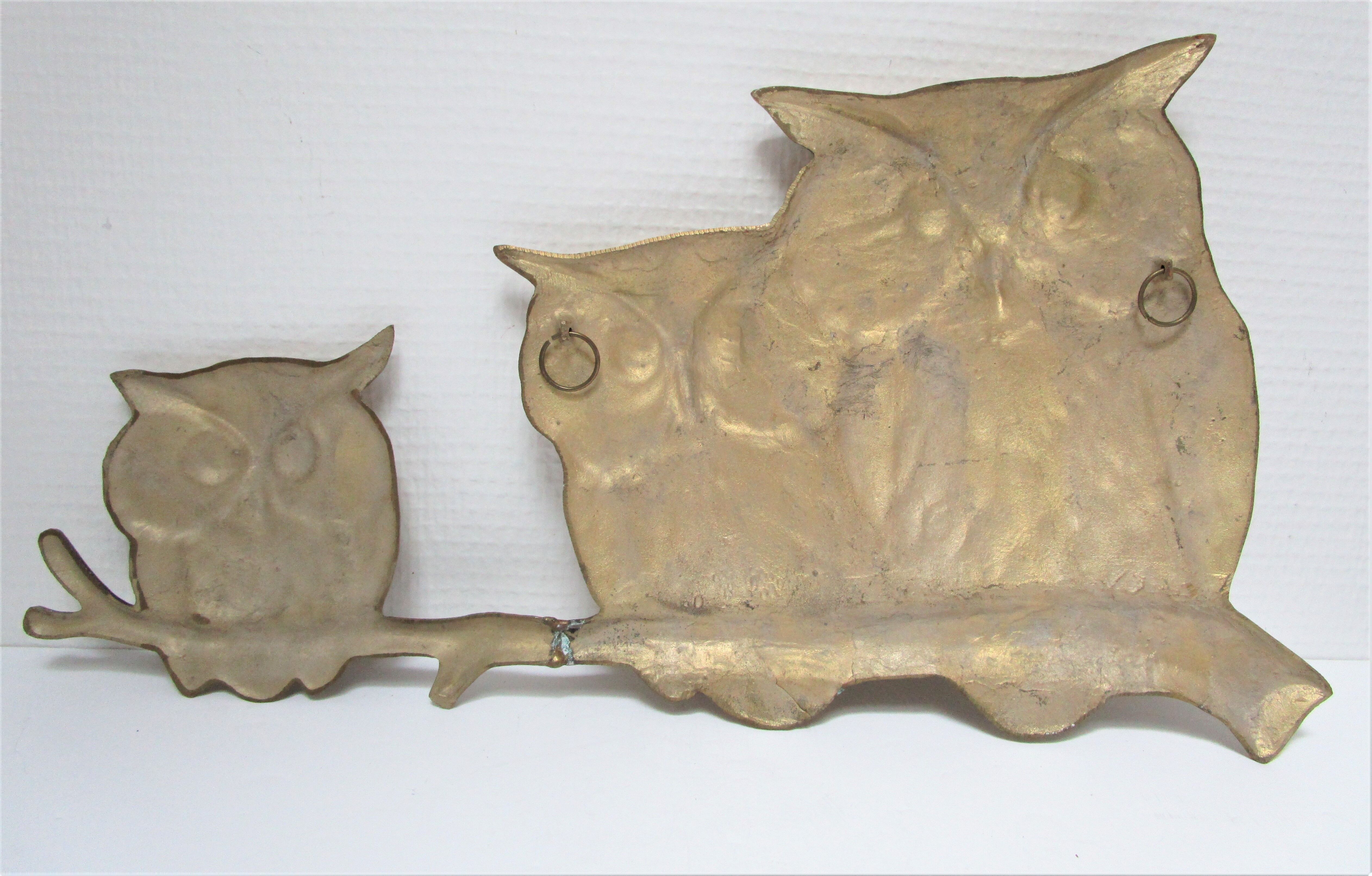 Three owls on a massive brass branch vintage wall decoration