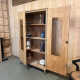 Glass-fronted school cabinet in raw oak
