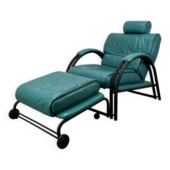Postmodern design armchair and ottoman, 80s leather