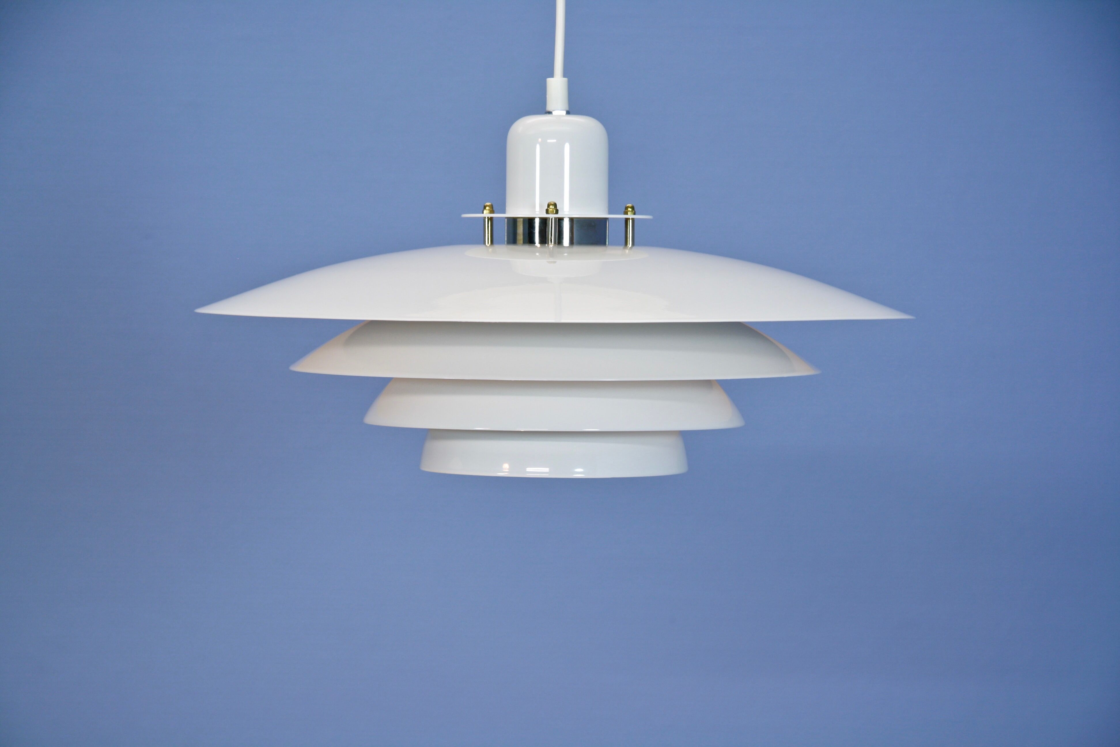 Danish hanging lamp in white with brass accent, 1980s