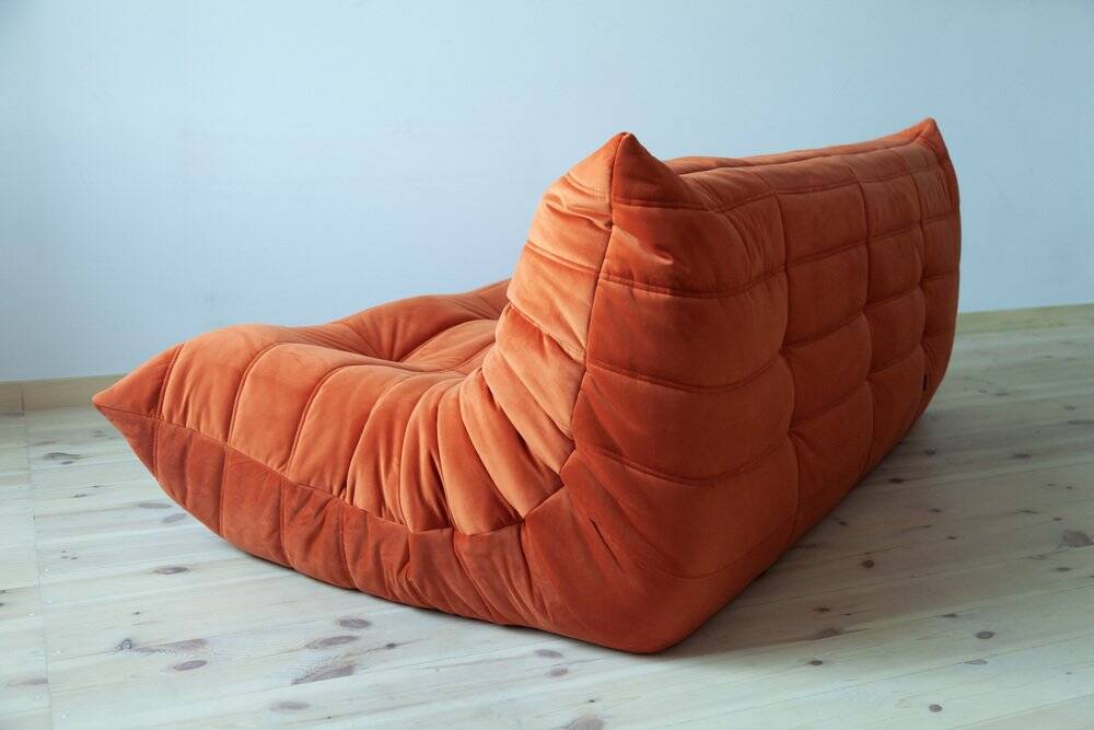 Amber orange velvet Togo 3-seater sofa by Michel Ducaroy for Ligne Roset, 1973