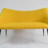 Vintage two-seater sofa, German Democratic Republic, 60s, fully restored, yellow fabric, chrome