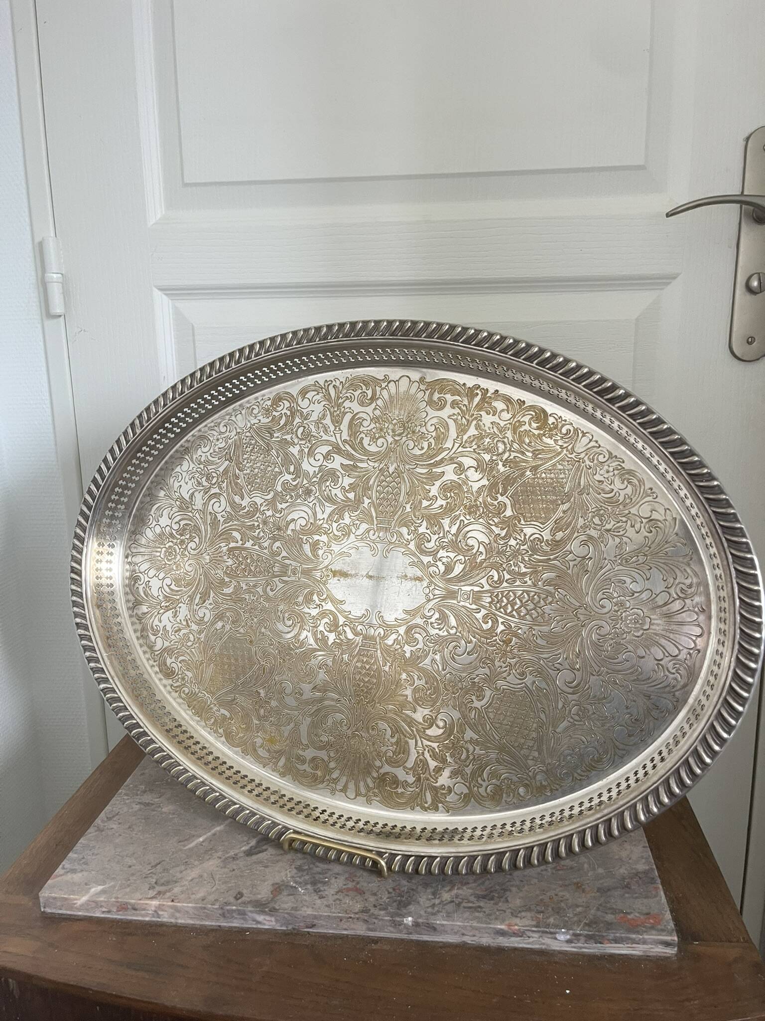 Vintage Silver Metal Tray Floral Rococo Pattern 55x40cm 1970