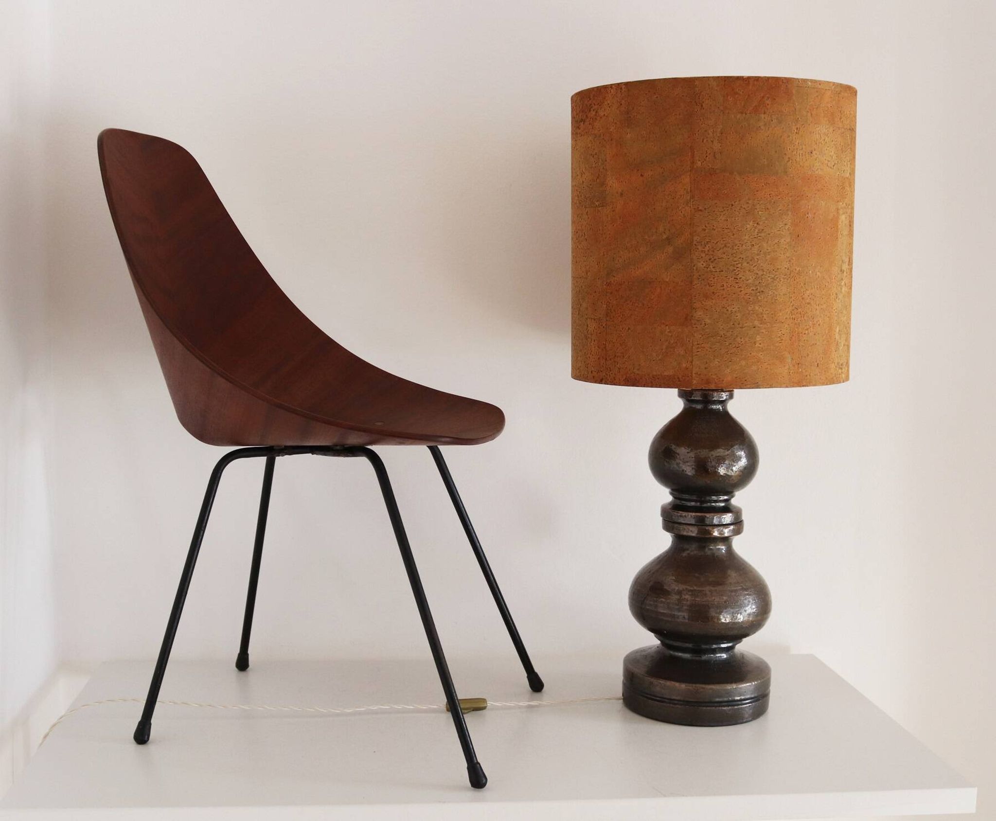Italian Ceramic Table Lamp by Aldo Londi with Cork Lampshade, 1960