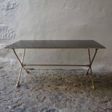 Rectangular coffee table in smoked glass and brass, animalist legs