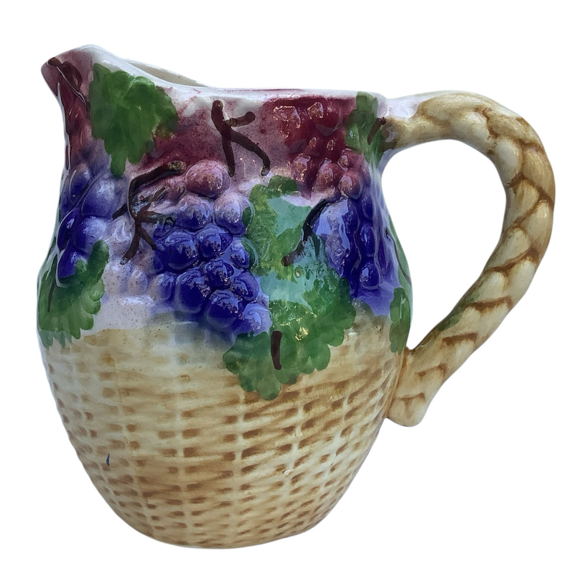 Vintage Portuguese ceramic pichet, barbotine, vine decoration and