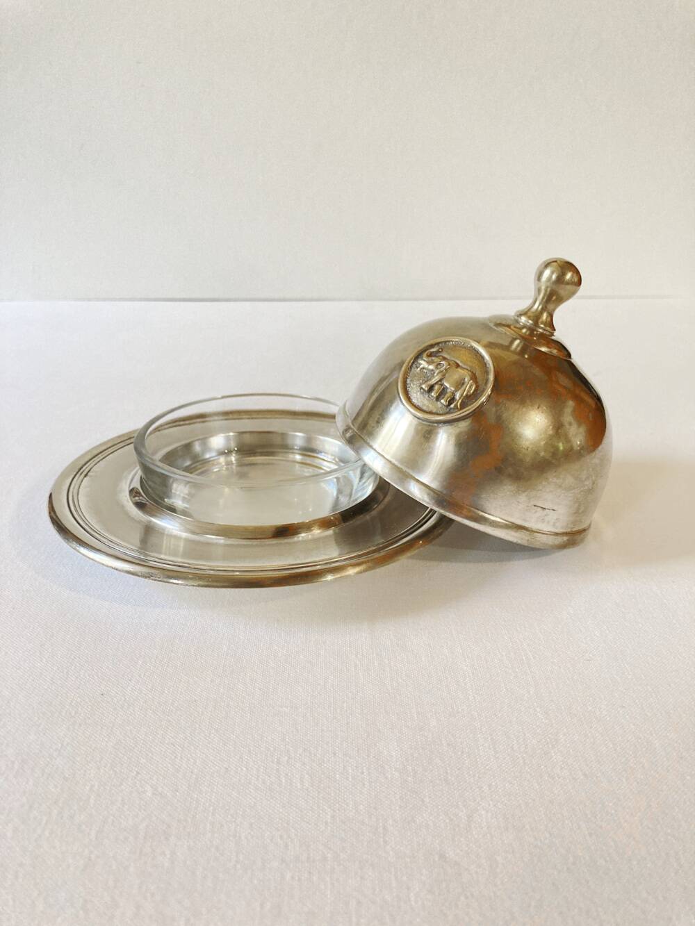 Silver-plated butter dish with elephant motif