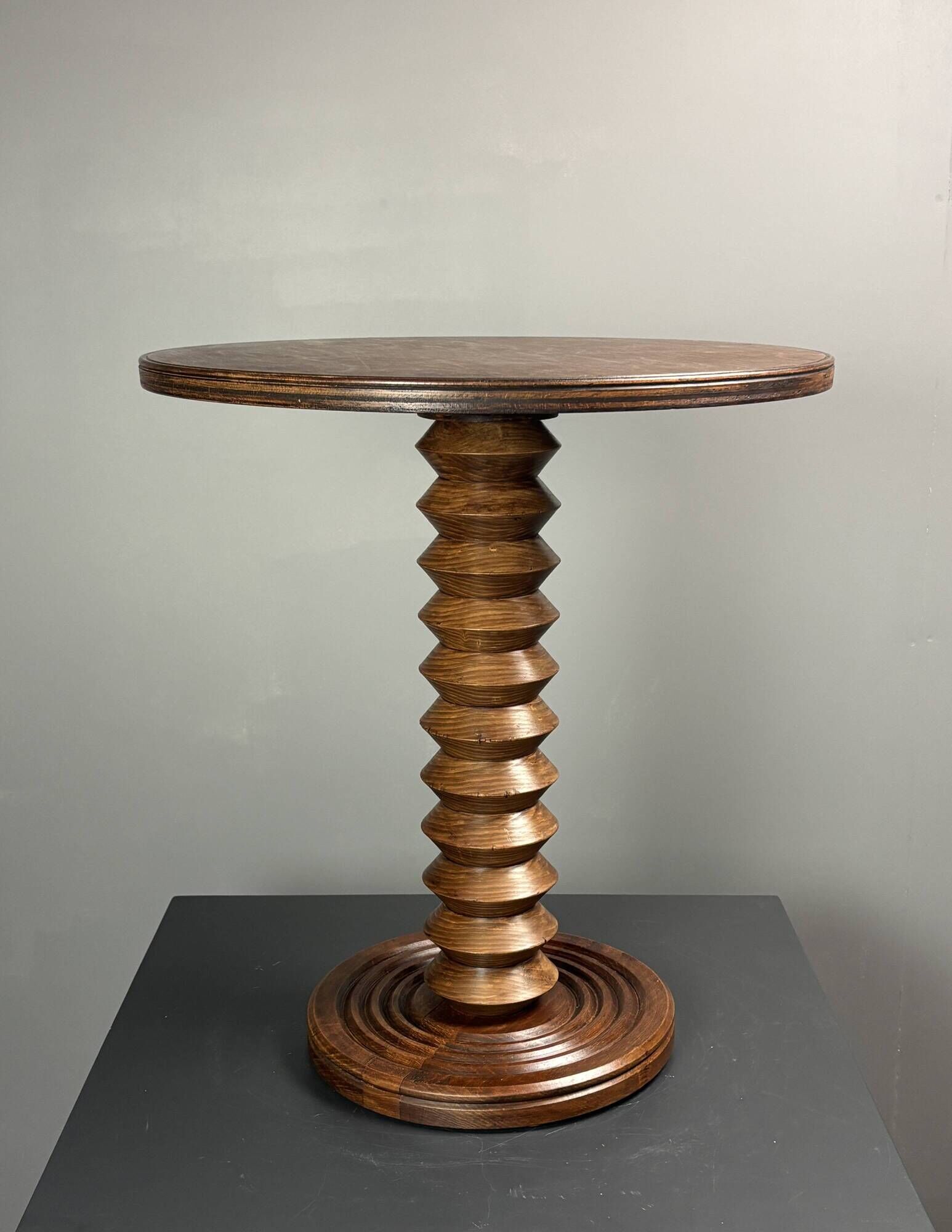Midcentury brutalist wood turned side table, Charles Dudouyt style, 1950s