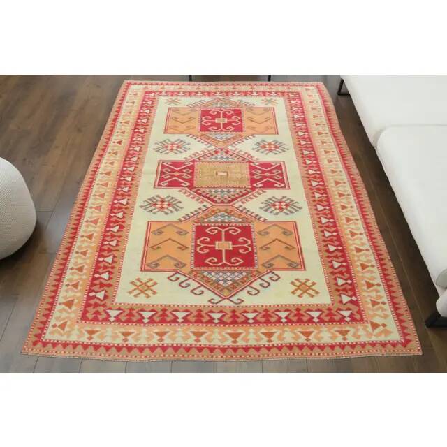 1970s Vintage Turkish Oushak Handmade Wool Cotton Cream Area Rug 172x231