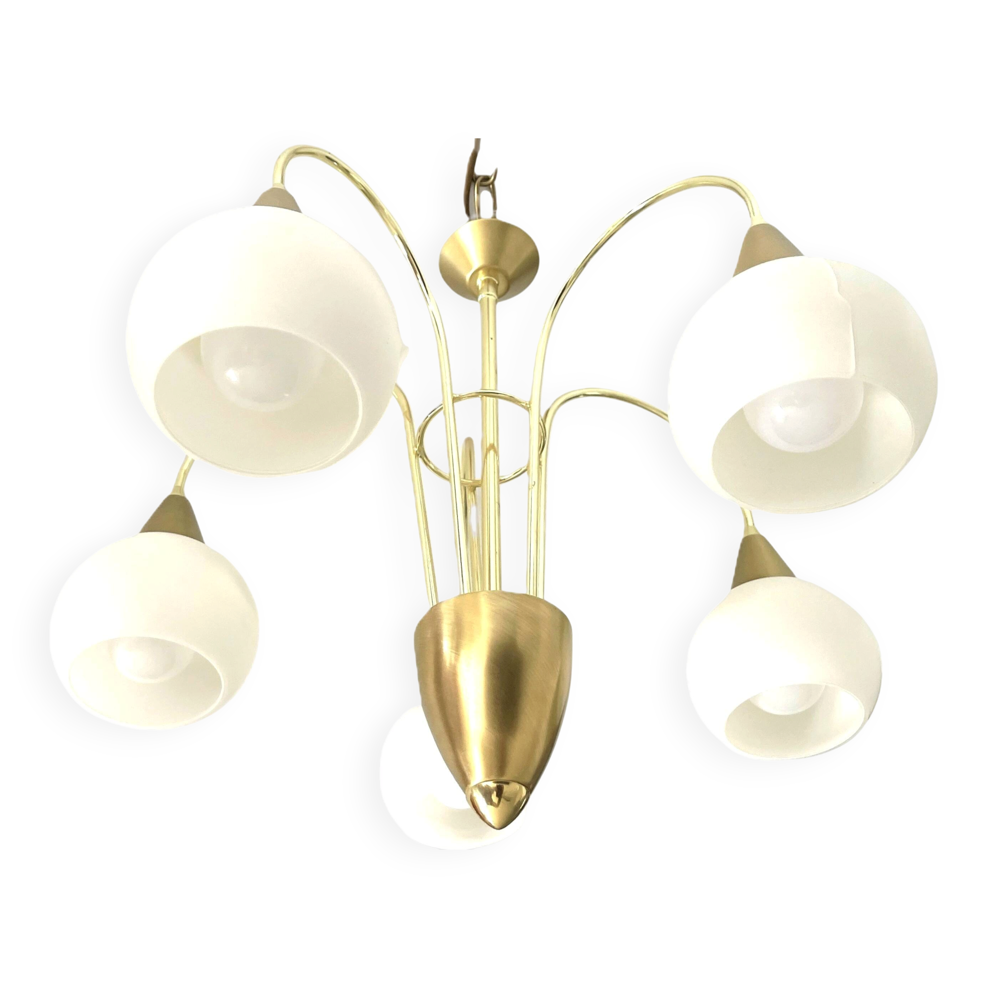 Mid Century Suspension, 5 globes in brass and opal glass, Honsel Leuchten