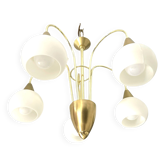 Suspension Mid Century, 5 globes en laiton et verre opalin, Honsel Leuchten