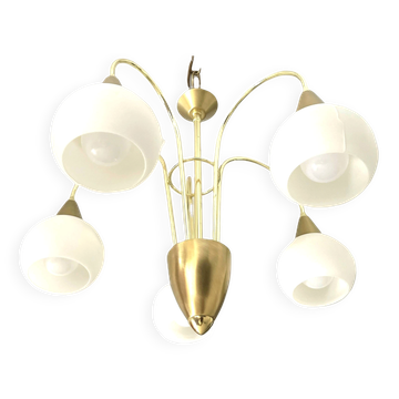 Mid Century Suspension, 5 globes in brass and opal glass, Honsel Leuchten